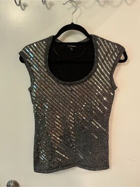 le chateau Black Sequin Cap-Sleeve Scoop Neck Top